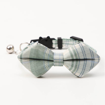 Mokka plaid bow tie cat collar laid out to show full length and bow tie design