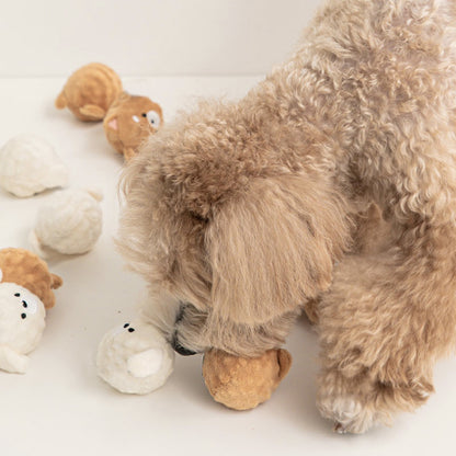 Petkin puppy shaped squeaky dog toy set arranged to display different puppy toy designs