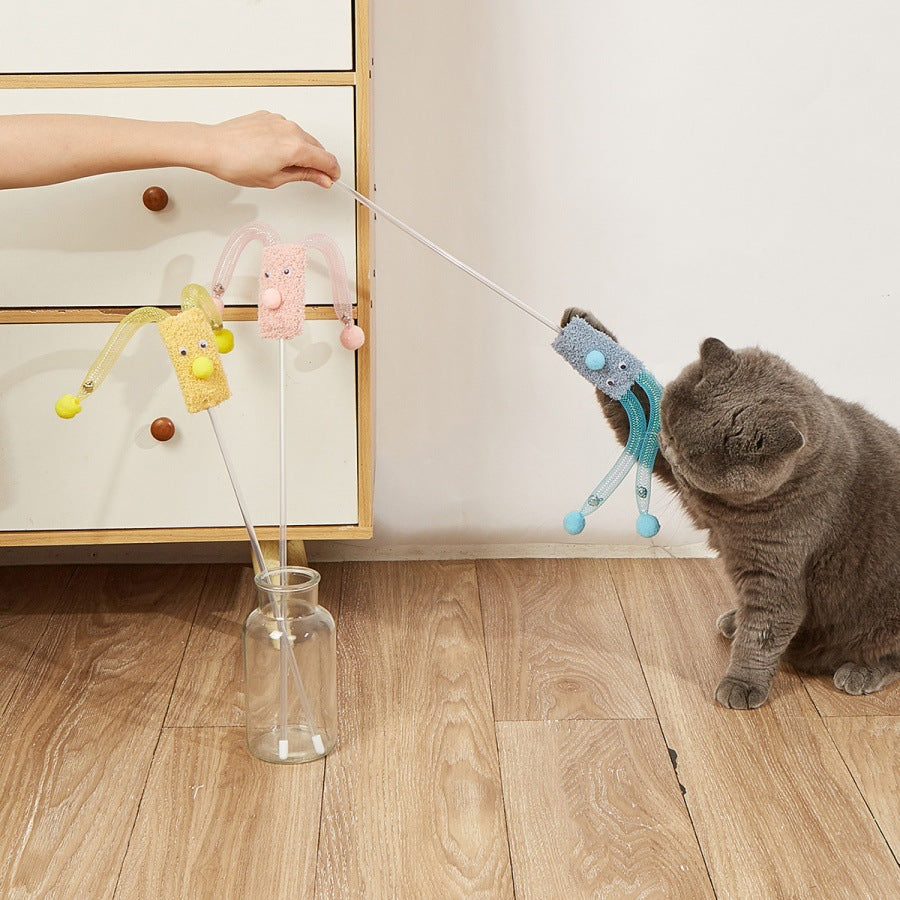 新款卡通小丑造型逗猫棒发声铃铛替换头猫咪玩具自嗨互动宠物用品