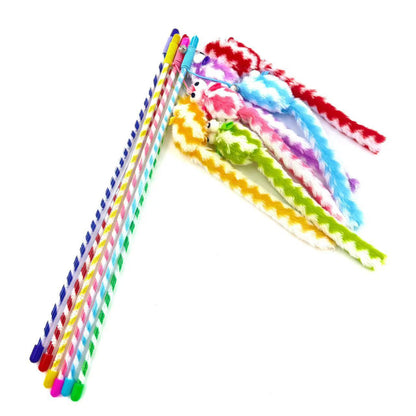 Moo cat teaser wand featuring bright feathers on a slender stick