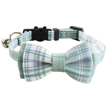 Close-up of Mokka pastel checkered bow tie on adjustable cat collar