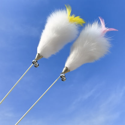 Moo Feather Bouquet interactive wand cat toy held upright displaying feather arrangement