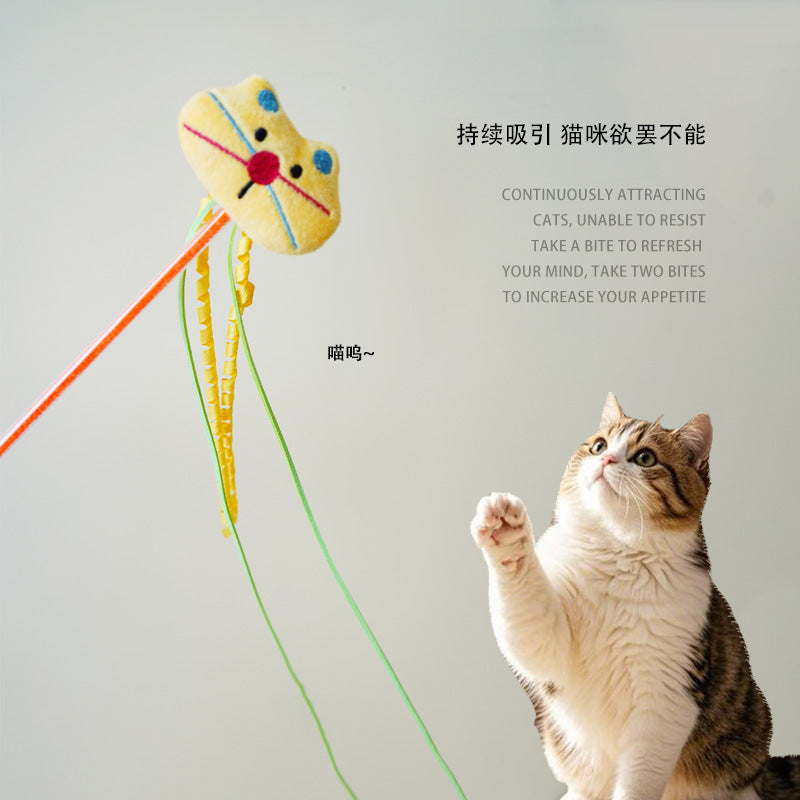 跨境逗猫棒高颜值猫咪卡通流苏铃铛发声互动解闷猫玩具耐抓逗猫杆