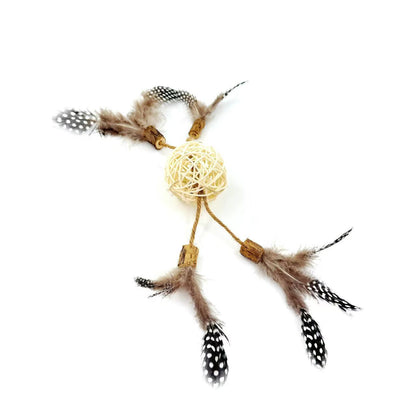 Interactive cat toy set with natural rattan balls, feathers, and silvervine accents