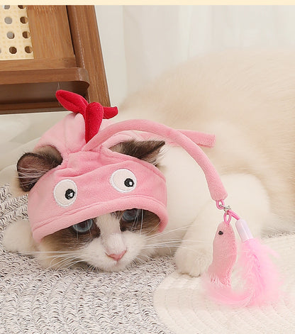 Moo Feathered Cat Hat with visible feather details on white background