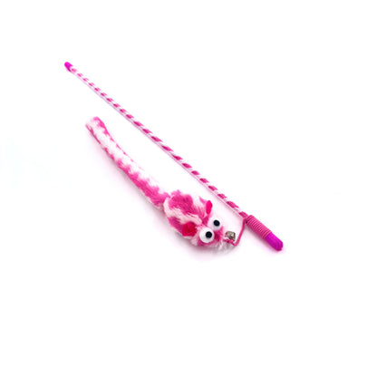 Close-up of the handle and colorful feather tip of the Moo cat teaser wand