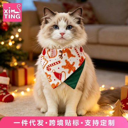 跨境圣诞宠物口水巾狗狗猫咪三角巾围脖宠物可调节手工围兜批发