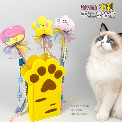 高颜值宠物用品趣味流汗款木制手工逗猫棒互动训练杆猫咪玩具