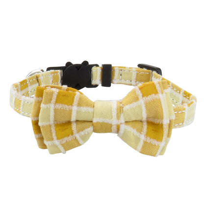 Mokka gingham bow tie cat collar laid out showing full length and bow tie design