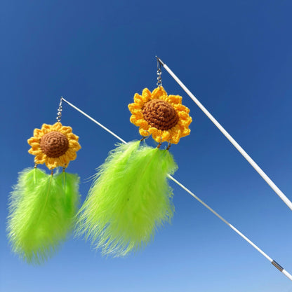 Moo Sunflower Feather Bouquet Wand Cat Toy with yellow sunflower and colorful feathers on a wand