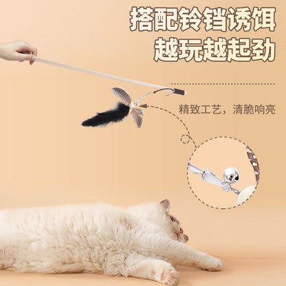 新款木质逗猫棒羽毛弹力绳逗猫棒带铃铛互动自嗨逗宠物益智猫玩具