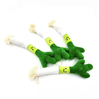 Moo Fun Plush Leek Pet Toy displayed on white background with visible rope ends