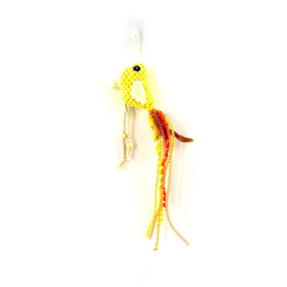 Moo Long-Tailed Bird Cat Toy positioned diagonally with visible feather colors and tail