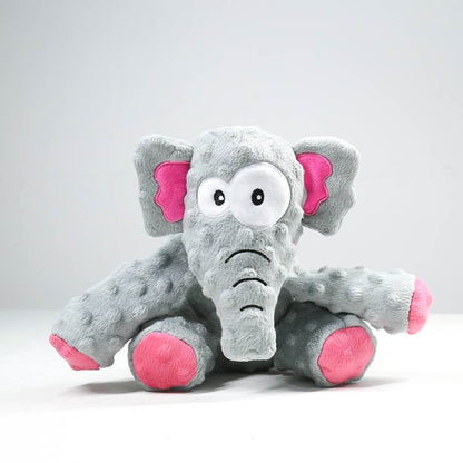 Petkin plush squeaky crocodile and elephant dog toys side by side on white background