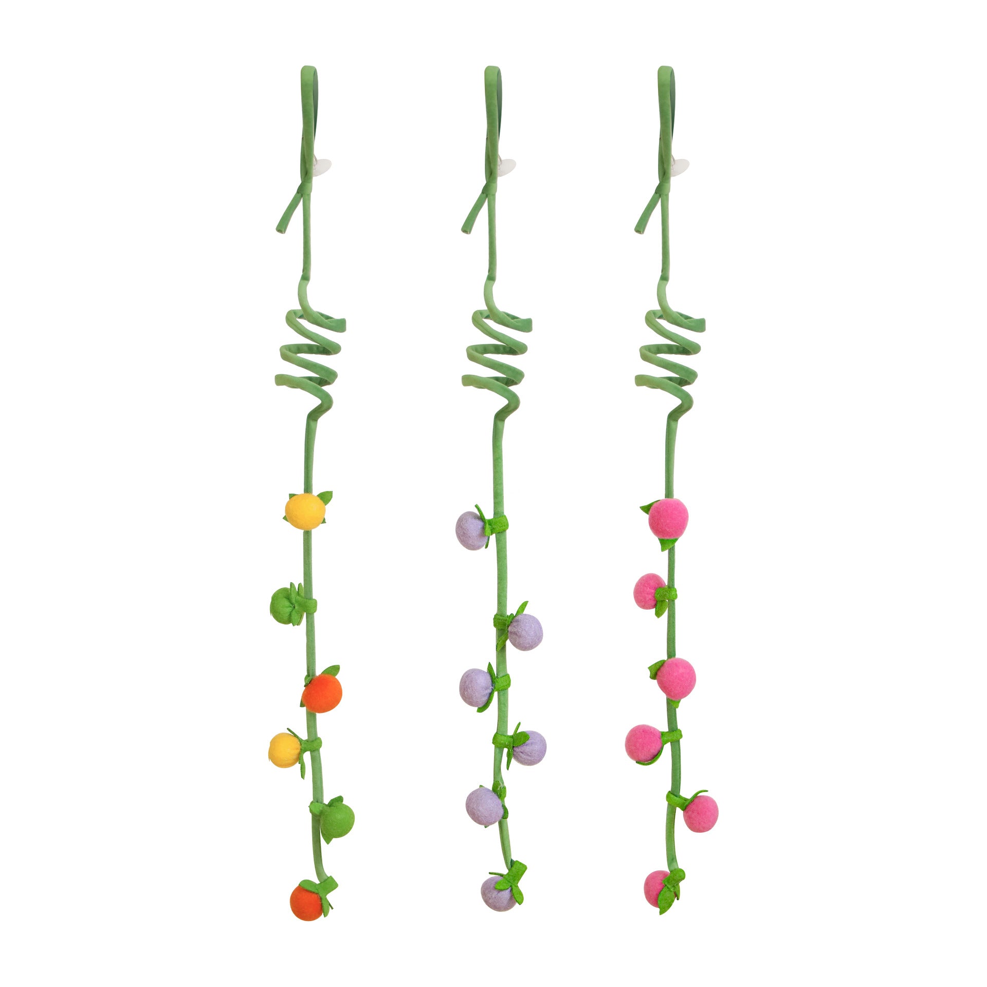 Moo hanging fruit vine cat toy with colorful fruit shapes on a white background