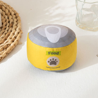 Side view of Moo plush can cat toy highlighting its compact size