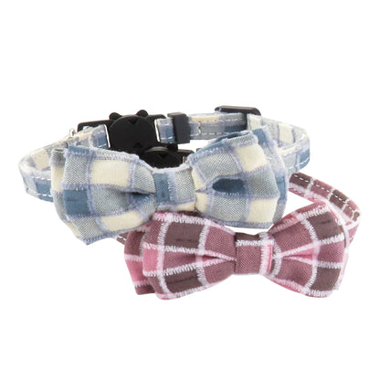 Mokka adjustable gingham bow tie cat collar displayed with bow tie and safety buckle visible
