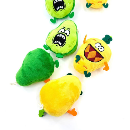 Moo cartoon vegetable-shaped cat toy in bright colors on white background