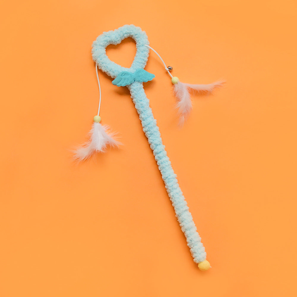 Moo Heart Handle Feather Cat Teaser Wand with pink heart-shaped handle and colorful feathers