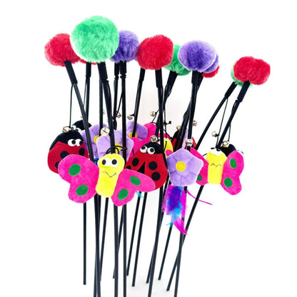 Moo Flower & Insect Cat Wand Toy with colorful flower and insect attachments on a stick