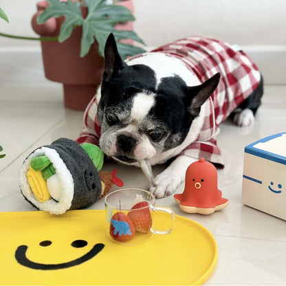 Close-up of Petkin Sushi Roll Dog Snuffle Toy showing textured fabric and vibrant colors