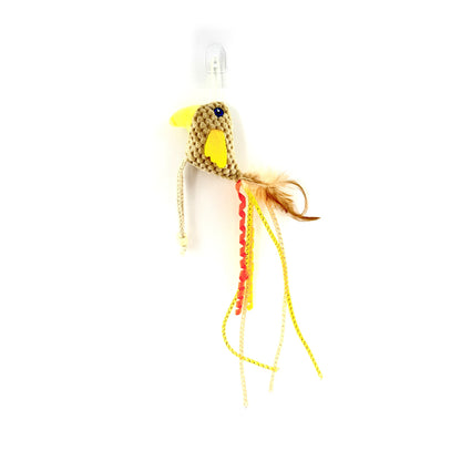 Moo Long-Tailed Bird Cat Toy isolated on white background emphasizing long tail and feather details