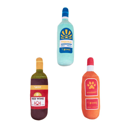 Petkin Wine Bottle Squeaky Dog Toy in red and green colors on white background