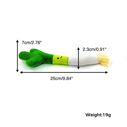 Close-up of Moo Fun Plush Leek Pet Toy showing soft green plush and twisted white rope ends