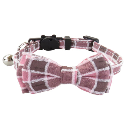 Close-up of Mokka gingham bow tie cat collar showing adjustable strap and bow tie detail