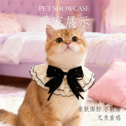 跨境宠物围巾蕾丝珍珠蝴蝶结宠物围脖领结可调节猫咪狗项圈配饰