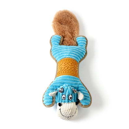 Chewia donkey plush dog toy lying on its side on a white surface