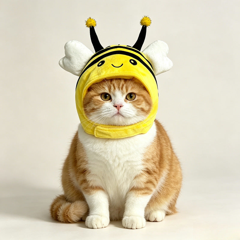 跨境新品宠物蜜蜂头套猫咪可爱毛绒帽子搞怪变装头饰小猫拍照饰品