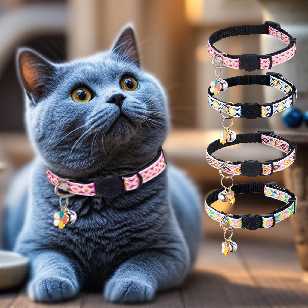 亚马逊宠物猫咪项圈铃铛花朵彩色格纹提花小狗脖圈编织猫项圈批发