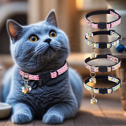 亚马逊宠物猫咪项圈铃铛花朵彩色格纹提花小狗脖圈编织猫项圈批发