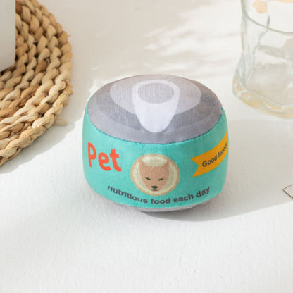 Moo plush can cat toy with visible stitching and rounded shape