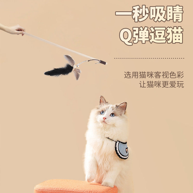 新款木质逗猫棒羽毛弹力绳逗猫棒带铃铛互动自嗨逗宠物益智猫玩具
