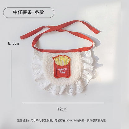 春季新款牛仔缤纷红格子卡通可爱猫咪泰迪通用围兜纷宠物口水巾