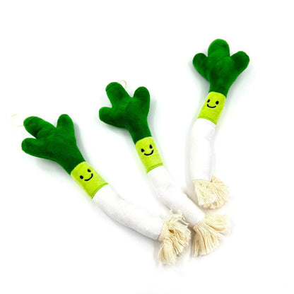 Moo Fun Plush Leek Pet Toy with green plush body and white rope ends