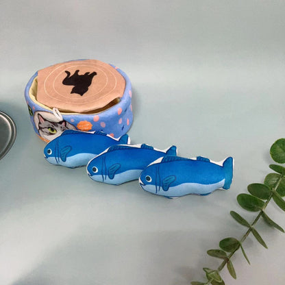 Moo Fish Can Cat Toy with visible label and fish graphics