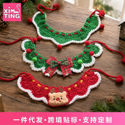 圣诞节猫狗钩织项圈手工针织毛线围脖宠物口水巾狗狗围巾跨境批发