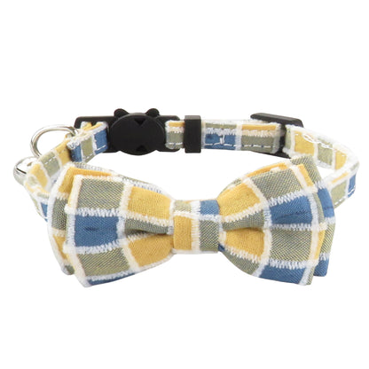 Side view of Mokka adjustable gingham bow tie cat collar highlighting breakaway safety feature