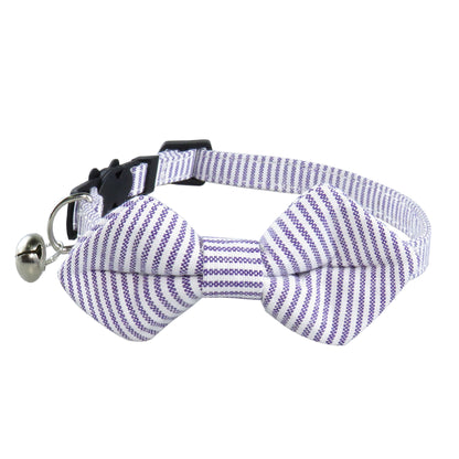 Striped bow tie detail on Mokka adjustable cat collar against plain background