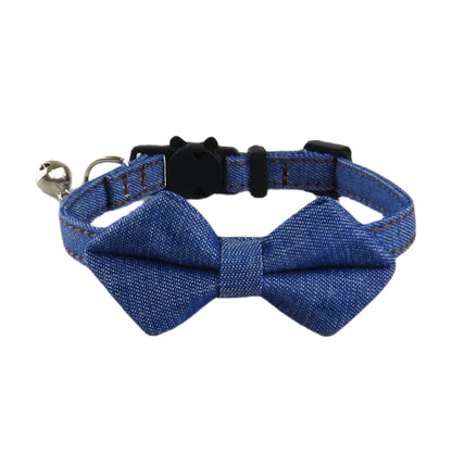 Close-up of Mokka denim bow tie cat collar showing adjustable strap