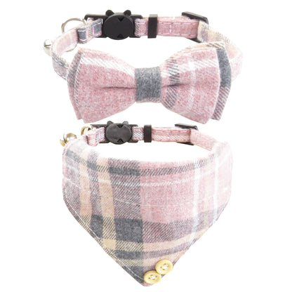 Close-up of Mokka plaid cat collar featuring a bandana style on a white background