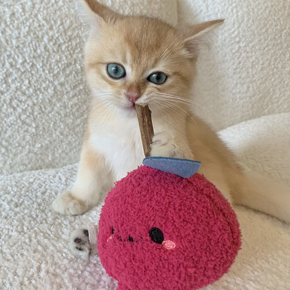 Moo fruit shape cat toy displayed from a side angle