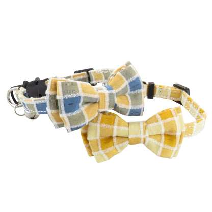 Mokka cat collar featuring gingham bow tie and breakaway safety design on neutral background