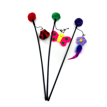 Moo Flower & Insect Cat Wand Toy featuring bright flower and insect decorations on stick