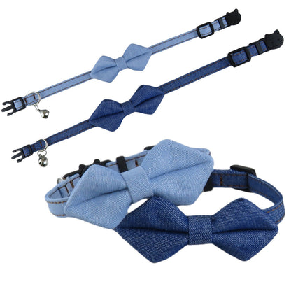 Mokka adjustable denim bow tie cat collar displayed on white background