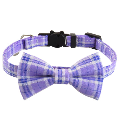 Mokka adjustable cat collar with pastel checkered bow tie laid out straight