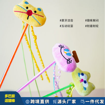跨境逗猫棒高颜值猫咪卡通流苏铃铛发声互动解闷猫玩具耐抓逗猫杆